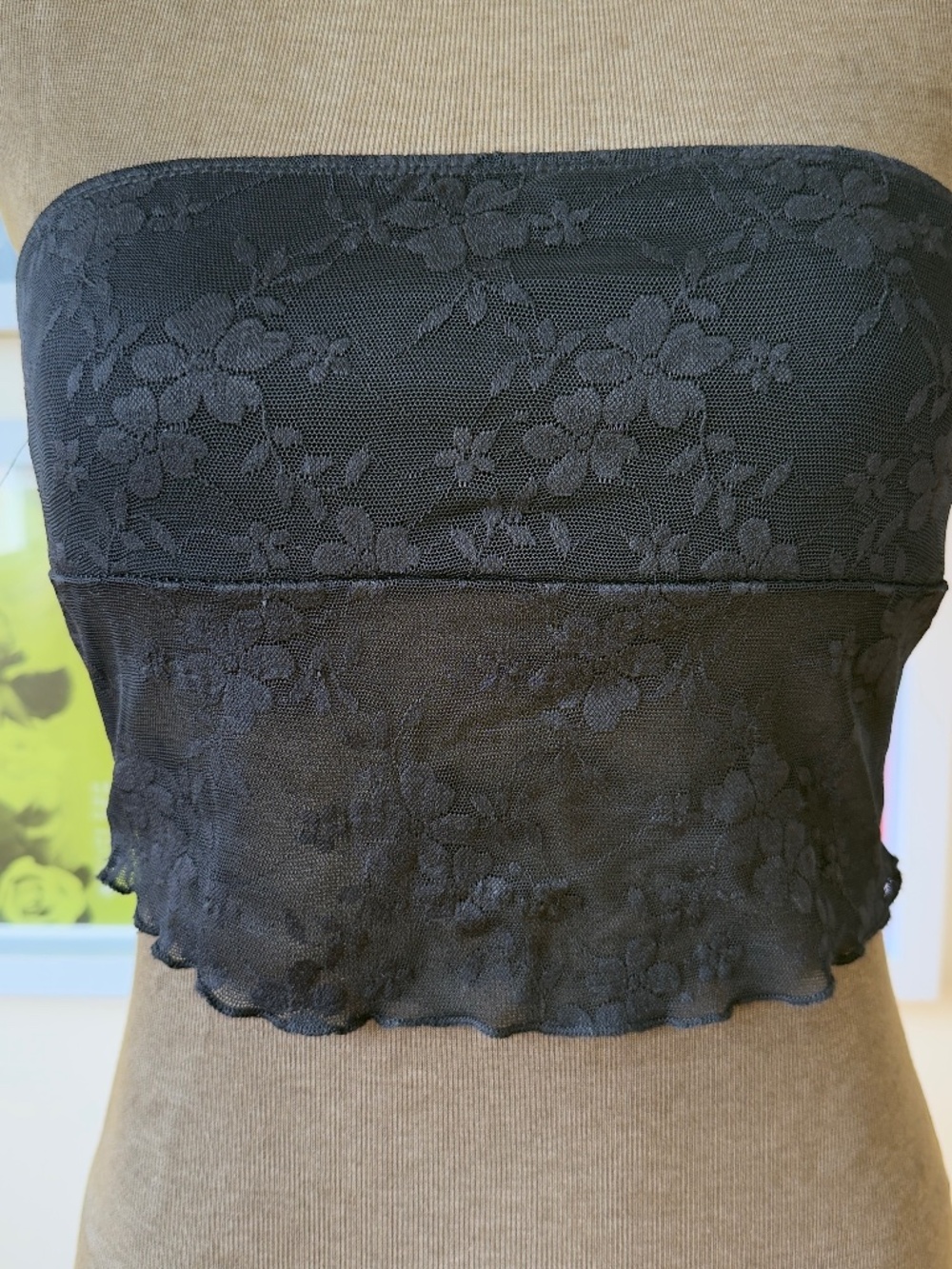 Black Sheer Floral Lace Strapless Crop Top | Y2K Gothic Coquette Mesh Bandeau